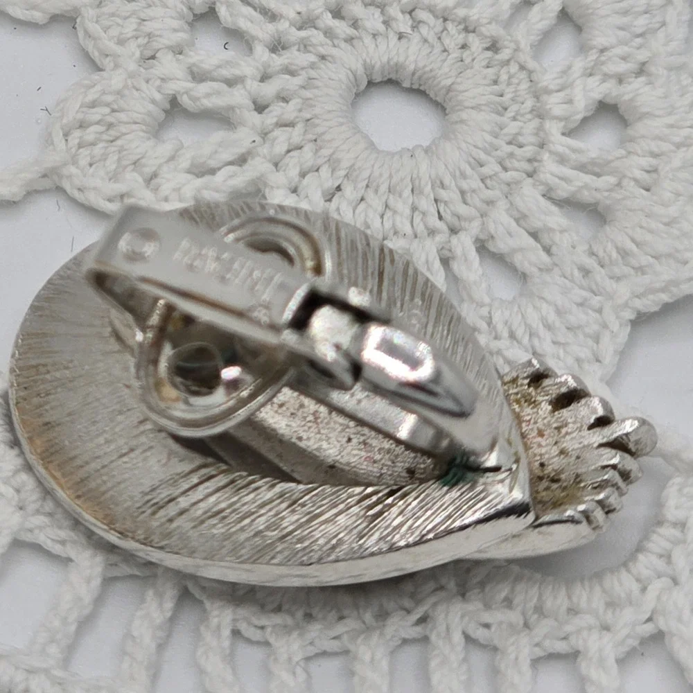 Crown Trifari Vintage Earrings Silvertone Brushed Abstract Clip On